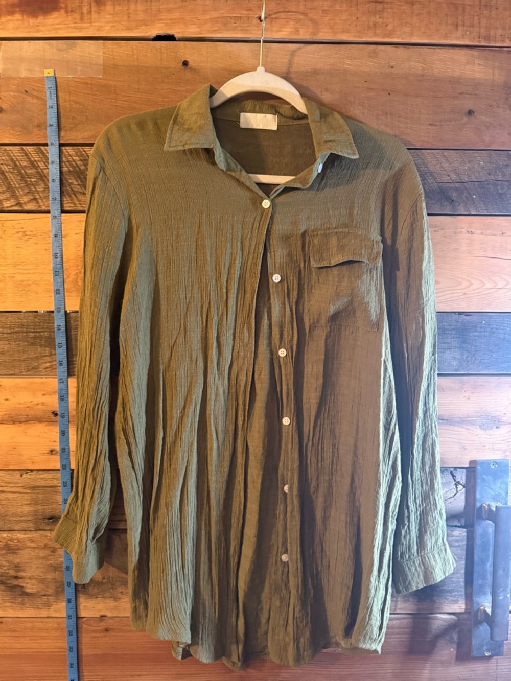 Zoye Chen Olive Green Button Down Blouse Crinkle Gauze Lightweight Shirt Shirt